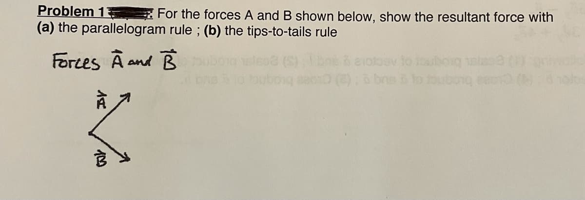 Problem 1
(a) the parallelogram rule ; (b) the tips-to-tails rule
For the forces A and B shown below, show the resultant force with
Fortes Â and B
elotoev to iouborg solen
brs to toubonq ea ()
boig
