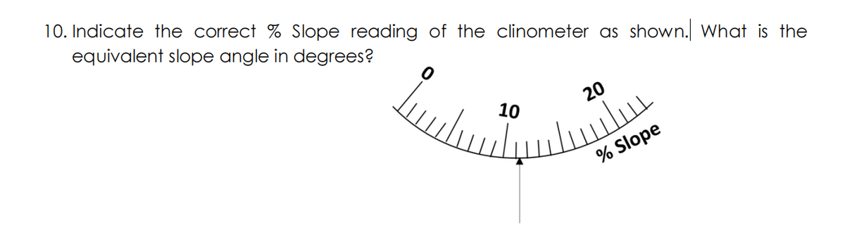 10. Indicate the correct % Slope reading of the clinometer as shown. What is the
equivalent slope angle in degrees?
10
20
سلسلي
% Slope