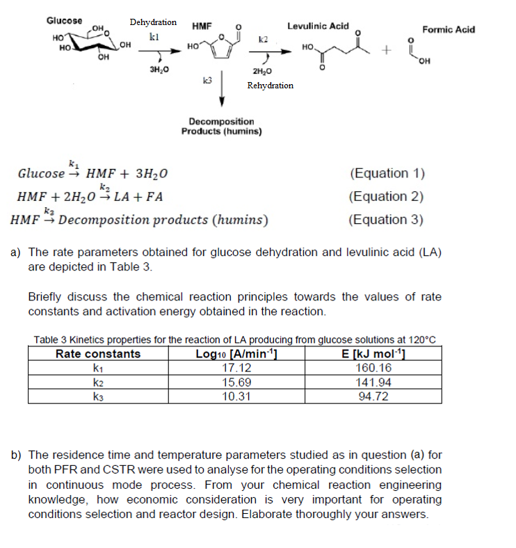 Glucose
Dehydration
HMF
Levulinic Acid
Formic Acid
но
но.
kl
k2
он
OH
HO
но
он
3H,0
2H,0
Rehydration
Decomposition
Products (humins)
k1
Glucose → HMF + 3H20
(Equation 1)
k2
HMF + 2H20 LA + FA
(Equation 2)
ka
HMF 3 Decomposition products (humins)
(Equation 3)
a) The rate parameters obtained for glucose dehydration and levulinic acid (LA)
are depicted in Table 3.
Briefly discuss the chemical reaction principles towards the values of rate
constants and activation energy obtained in the reaction.
Table 3 Kinetics properties for the reaction of LA producing from glucose solutions at 120°C
Log10 [A/min1]
17.12
15.69
10.31
E [kJ mol¶]
160.16
141.94
94.72
Rate constants
k1
k2
k3
b) The residence time and temperature parameters studied as in question (a) for
both PFR and CSTR were used to analyse for the operating conditions selection
in continuous mode process. From your chemical reaction engineering
knowledge, how economic consideration is very important for operating
conditions selection and reactor design. Elaborate thoroughly your answers.
