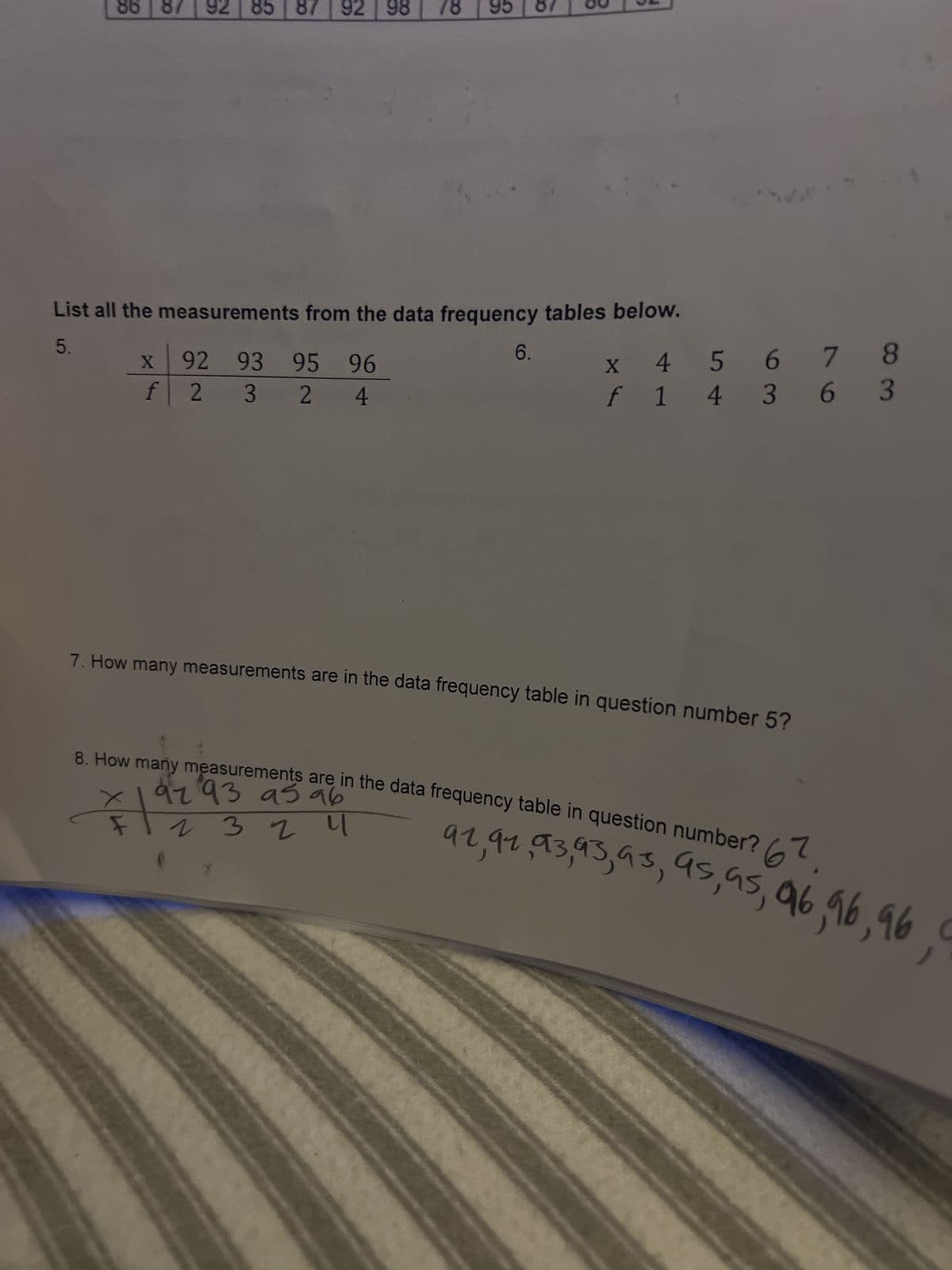 86 87 92 85 87 92 98 78 95 87
|
List all the measurements from the data frequency tables below.
5.
X
92 93 95 96
f2
324
6.
X
45678
f 1 4 36 3
7. How many measurements are in the data frequency table in question number 5?
92 93 95 96
8. How many measurements are in the data frequency table in question number?
F
2324
67
91,92,93,93,93, 95, as, 96,96,96,9