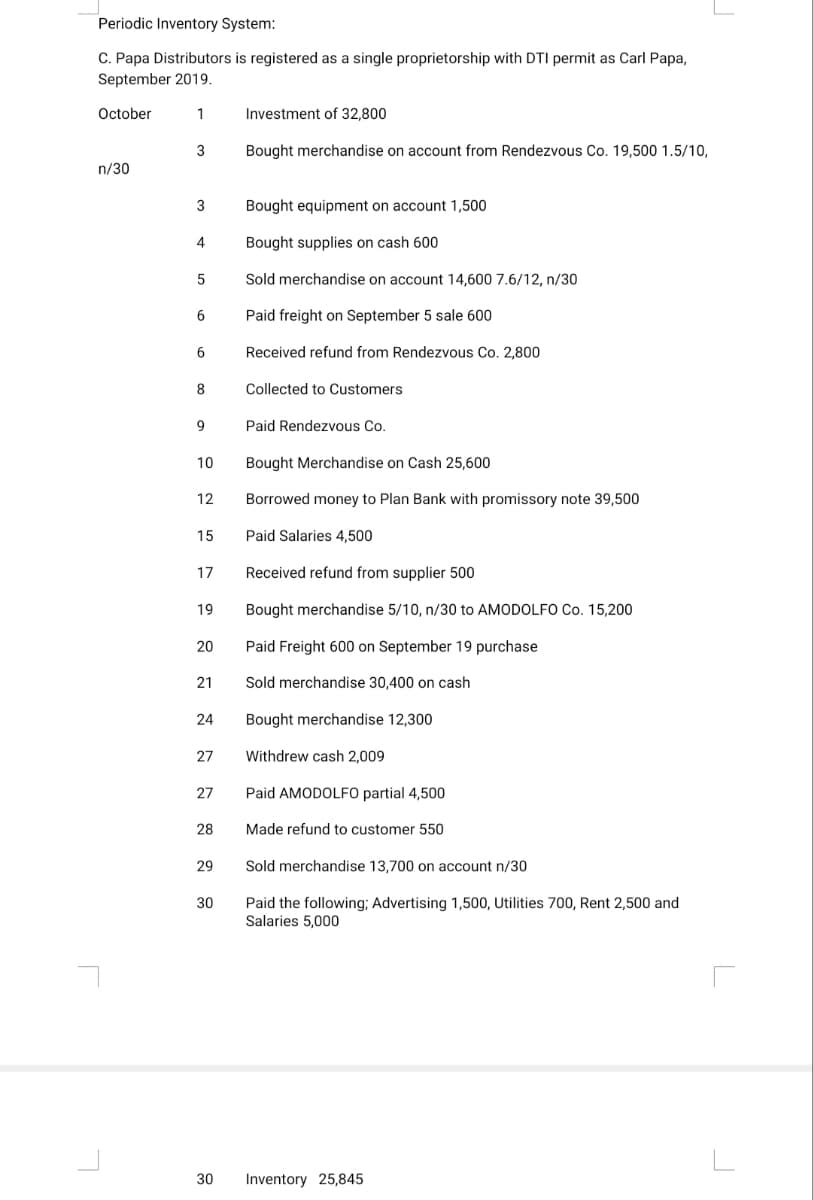 Periodic Inventory System:
C. Papa Distributors is registered as a single proprietorship with DTI permit as Carl Papa,
September 2019.
October
1
n/30
3
3
4
5
6
6
8
9
10
12
15
17
19
20
21
24
27
27
28
29
30
30
Investment of 32,800
Bought merchandise on account from Rendezvous Co. 19,500 1.5/10,
Bought equipment on account 1,500
Bought supplies on cash 600
Sold merchandise on account 14,600 7.6/12, n/30
Paid freight on September 5 sale 600
Received refund from Rendezvous Co. 2,800
Collected to Customers
Paid Rendezvous Co.
Bought Merchandise on Cash 25,600
Borrowed money to Plan Bank with promissory note 39,500
Paid Salaries 4,500
Received refund from supplier 500
Bought merchandise 5/10, n/30 to AMODOLFO Co. 15,200
Paid Freight 600 on September 19 purchase
Sold merchandise 30,400 on cash
Bought merchandise 12,300
Withdrew cash 2,009
Paid AMODOLFO partial 4,500
Made refund to customer 550
Sold merchandise 13,700 on account n/30
Paid the following; Advertising 1,500, Utilities 700, Rent 2,500 and
Salaries 5,000
Inventory 25,845