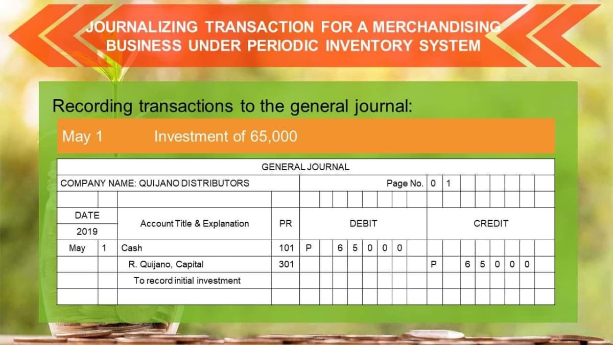 JOURNALIZING TRANSACTION FOR A MERCHANDISING
BUSINESS UNDER PERIODIC INVENTORY SYSTEM
Recording transactions to the general journal:
May 1
Investment of 65,000
COMPANY NAME: QUIJANO DISTRIBUTORS
DATE
2019
May
1
Account Title & Explanation
Cash
R. Quijano, Capital
To record initial investment
GENERAL JOURNAL
PR
101
301
P
DEBIT
Page No. 0
650 00
P
1
CREDIT
650 00