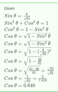 Given
Sin 0
V61
Sin? 0 + Cos? 0 = 1
Cos? 0 = 1– Sin? 0
Cos 0 = V1 – Sin² 0
Cos 0 = V1 - Sin² 0
Cos 0 =
6
V
1– (4
61
Cos 0 =
1- 2
61-36
61
5.
V61
Cos 0 = 0.640
/25
61
5
7.810
Cos 0
V =
Cos 0 =
%3D
