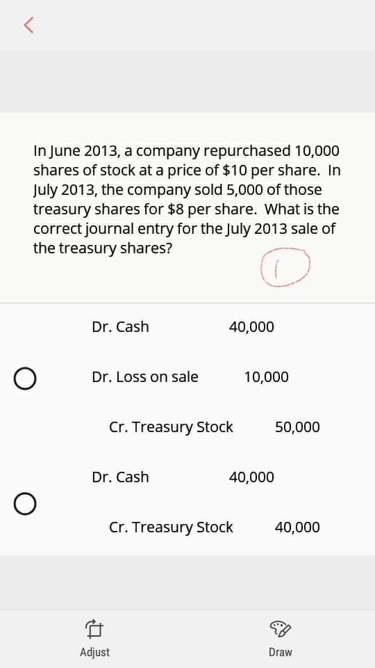 In June 2013, a company repurchased 10,000
shares of stock at a price of $10 per share. In
July 2013, the company sold 5,000 of those
treasury shares for $8 per share. What is the
correct journal entry for the July 2013 sale of
the treasury shares?
Dr. Cash
40,000
Dr. Loss on sale
10,000
Cr. Treasury Stock
50,000
Dr. Cash
40,000
Cr. Treasury Stock
40,000
Adjust
Draw
