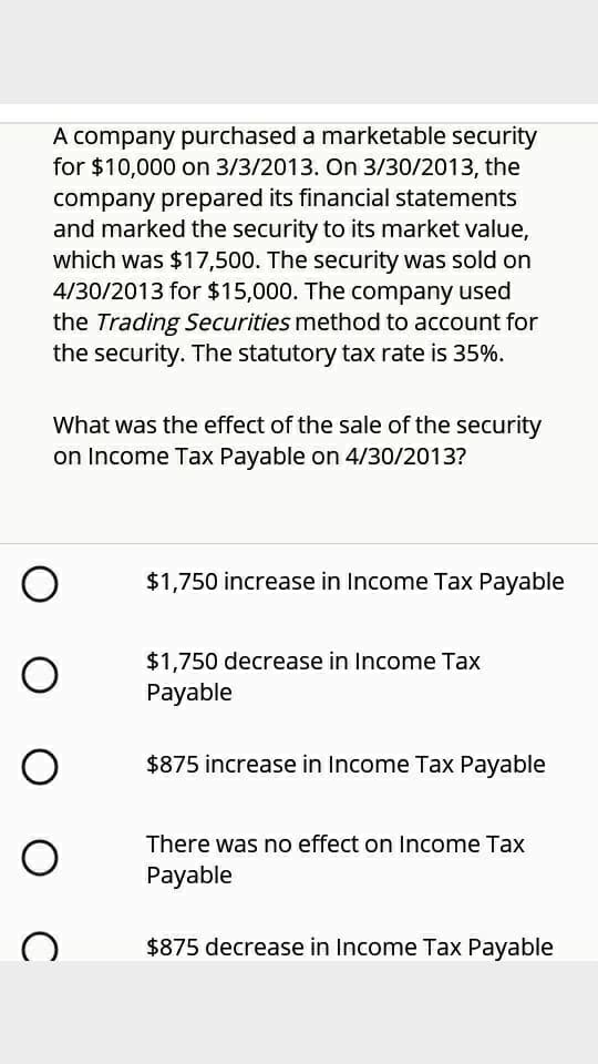 A company purchased a marketable security
for $10,000 on 3/3/2013. On 3/30/2013, the
company prepared its financial statements
and marked the security to its market value,
which was $17,500. The security was sold on
4/30/2013 for $15,000. The company used
the Trading Securities method to account for
the security. The statutory tax rate is 35%.
What was the effect of the sale of the security
on Income Tax Payable on 4/30/2013?
$1,750 increase in Income Tax Payable
$1,750 decrease in Income Tax
Payable
$875 increase in Income Tax Payable
There was no effect on Income Tax
Payable
$875 decrease in Income Tax Payable
O O
O O
