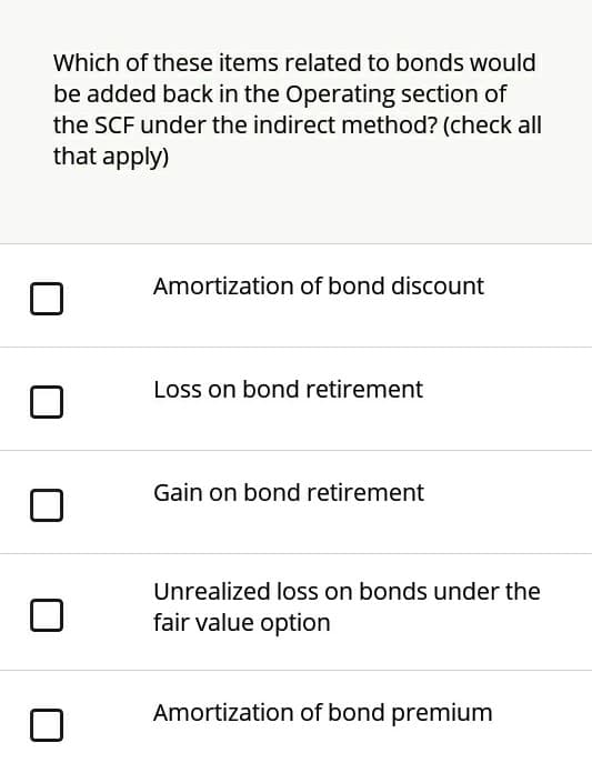 Which of these items related to bonds would
be added back in the Operating section of
the SCF under the indirect method? (check all
that apply)
Amortization of bond discount
Loss on bond retirement
Gain on bond retirement
Unrealized loss on bonds under the
fair value option
Amortization of bond premium
