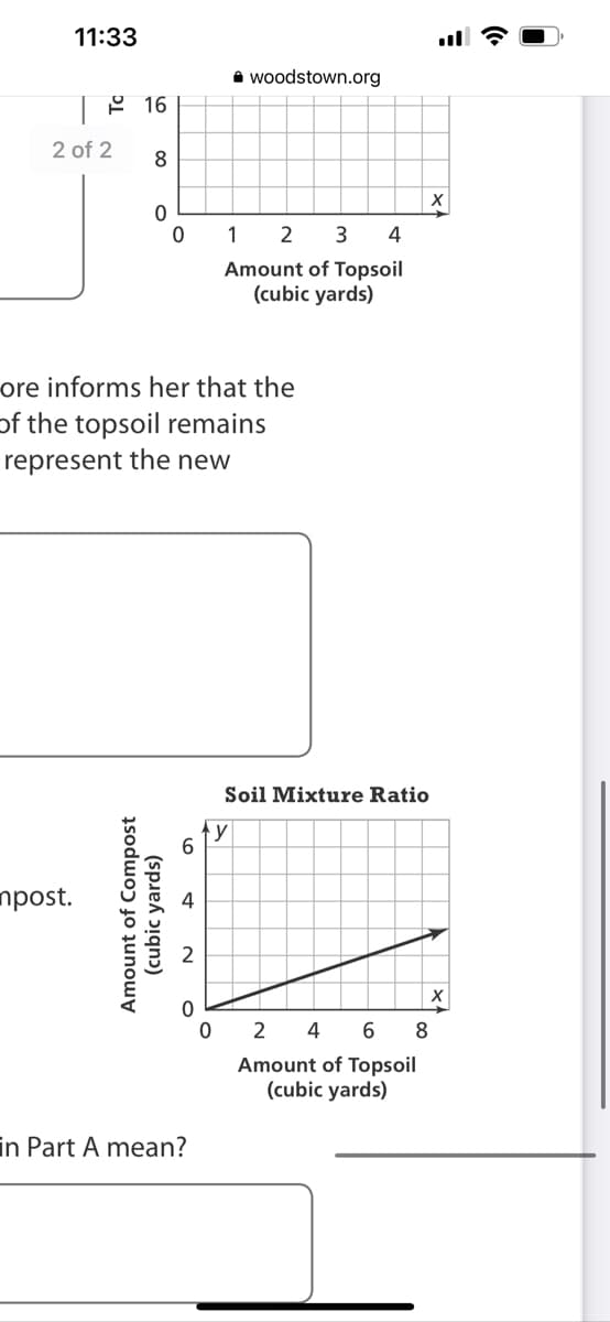 11:33
A woodstown.org
| 2 16
2 of 2
8
1
2 3
4
Amount of Topsoil
(cubic yards)
ore informs her that the
of the topsoil remains
represent the new
Soil Mixture Ratio
y
6.
npost.
2 4
6
8
Amount of Topsoil
(cubic yards)
in Part A mean?
Amount of Compost
(cubic yards)
