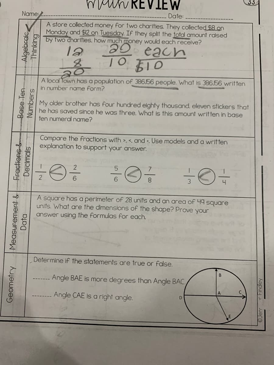 muun REV IEW
Name:
Date:
A store collected money for two charitles. They collected $8 on
Monday and $12 on Tuesday. IF they split the total amount ralsed
by two charities. how much money would each receive?
0 each
TO ETO
A local Town has a population of 386.156 people. What is 386.56 written
in number name form?
My older brother has four hundred eighty thousand, eleven stickers that
he has saved since he was three. What is this amount written in base
ten numeral name?
Compare the fractions with >, <, and =. Use models and a written
explanation to support your answer.
6.
8.
A square has a perimeter of 28 units and an area of 49 square
units. What are the dimensions of the shape? Prove your
answer using the formulas for each.
Determine if the statements are true or false.
B
Angle BAE is more degrees than Angle BAC.
Angle CAE is a right angle.
D
Measurement &
Fractions-&
Decimals
Geometry
Base Ten-
Numbers
Algebraic
Thinking
Data
Findley
