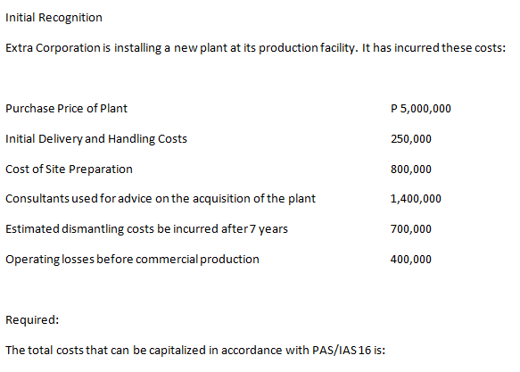 Initial Recognition
Extra Corporation is installing a new plant at its production facility. It has incurred these costs:
Purchase Price of Plant
P 5,000,000
Initial Delivery and Handling Costs
250,000
Cost of Site Preparation
800,000
Consultants used for advice on the acquisition of the plant
1,400,000
Estimated dismantling costs be incurred after7 years
700,000
Operating losses before commercial production
400,000
Required:
The total costs that can be capitalized in accordance with PAS/IAS 16 is:
