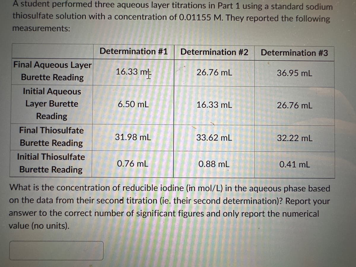 A student performed three aqueous layer titrations in Part 1 using a standard sodium
thiosulfate solution with a concentration of 0.01155 M. They reported the following
measurements:
Final Aqueous Layer
Burette Reading
Initial Aqueous
Layer Burette
Reading
Final Thiosulfate
Burette Reading
Initial Thiosulfate
Burette Reading
Determination #1
16.33 m
6.50 mL
31.98 mL
0.76 mL
Determination #2
26.76 mL
16.33 mL
33.62 mL
0.88 mL
Determination #3
36.95 mL
26.76 mL
32.22 ML
0.41 mL
What is the concentration of reducible iodine (in mol/L) in the aqueous phase based
on the data from their second titration (ie. their second determination)? Report your
answer to the correct number of significant figures and only report the numerical
value (no units).