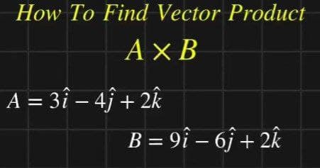 How To Find Vector Product
AXB
A = 31-41 + 2k
B = 91 - 6j + 2k