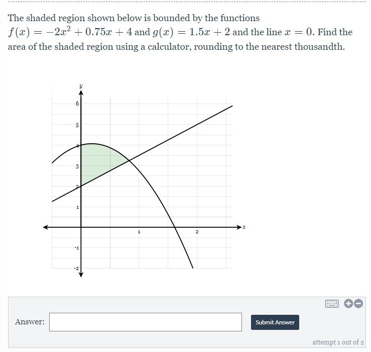 The shaded region shown below is bounded by the functions
f (x) = -2x2 + 0.75x + 4 and g(x) = 1.5x + 2 and the line x = 0. Find the
area of the shaded region using a calculator, rounding to the nearest thousandth.
2
Answer:
Submit Answer
attempt 1 out of 2
6.
