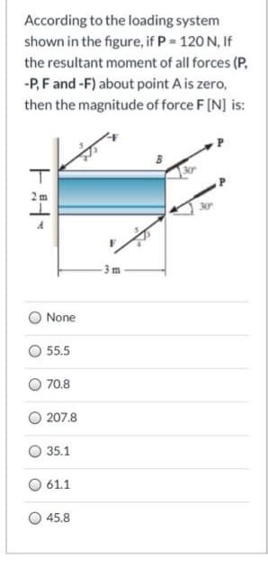 According to the loading system
shown in the figure, if P 120 N, If
the resultant moment of all forces (P,
-P, F and -F) about point A is zero,
then the magnitude of force F [N] is:
T
None
55.5
70.8
207.8
35.1
61.1
O 45.8
