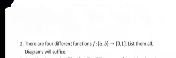 2. There are four different functions f:{a,b} → {0,1}. List them all.
Diagrams will suffice.
