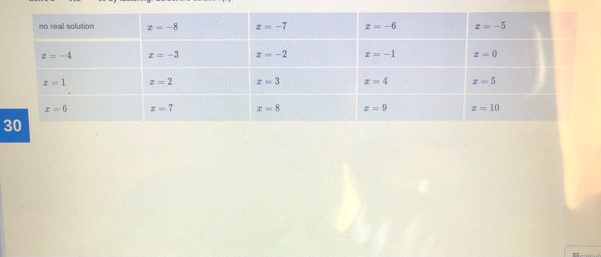 no real solution
T = -8
I = -7
I = -6
I = -5
I = -4
-3
I = -2
I = -1
I= 0
I = 1
T = 2
T = 3
I = 4
I = 5
I = 6
x = 7
8.
I = 9
30
I = 10
