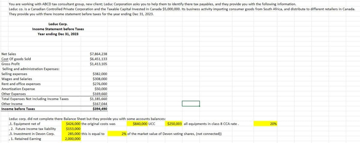 You are working with ABCD tax consultant group, new client; Leduc Corporation asks you to help them to identify there tax payables, and they provide you with the following information.
Leduc co. is a Canadian Controlled Private Corporation and the Taxable Capital Invested in Canada $5,000,000. Its business activity importing consumer goods from South Africa, and distribute to different retailers in Canada.
They provide you with there Income statement before taxes for the year ending Dec 31, 2023.
Leduc Corp.
Income Statement before Taxes
Year ending Dec 31, 2023
Net Sales
Cost of goods Sold
$7,864,238
$6,451,133
Gross Profit
$1,413,105
Selling and administration Expenses:
Selling expenses
Wages and Salaries
$382,000
$308,000
Rent and office expenses
$276,000
Amortization Expense
$50,000
Other Expenses
$169,660
Total Expenses Not including Income Taxes
$1,185,660
Other Income
Income before Taxes
$167,044
$394,490
Leduc corp. did not complete there Balance Sheet but they provide you with some accounts balances:
1. Equipment net of
, 2. Future income tax liability
,3. Investment in Devon Corp.
1. Retained Earning
$426,000 the original costs was
$153,000
$840,000 UCC
$250,003 all equipments in class 8 CCA rate.
20%
2% of the market value of Devon voting shares, (not connected))
285,000 this is equal to
2,000,000