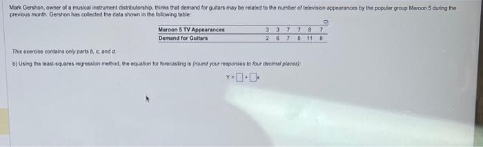 Mark Gershon, owner of a musical instrument distributorship, thinks that demand for guitars may be related to the number of television appearances by the popular group Maroon 5 during the
previous month. Gershon has collected the data shown in the following table:
Maroon 5 TV Appearances
Demand for Guitars
D
3 3 7 7 8 7
2 67
6
11 8
This exercise contains only parts b, c, and d.
b) Using the least-squares regression method, the equation for forecasting is (round your responses to four decimal places)
Y-.