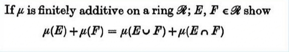 If u is finitely additive on a ring R; E, F eR show
p(E) + µ(F) = µ(Eu F)+µ(En F)
