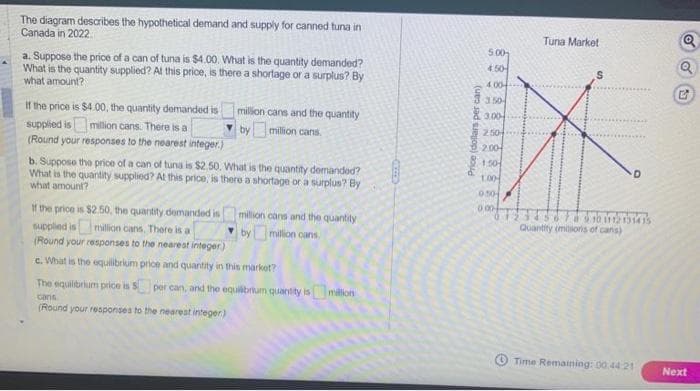 The diagram describes the hypothetical demand and supply for canned tuna in Canada in 2022.

a. Suppose the price of a can of tuna is $4.00. What is the quantity demanded? What is the quantity supplied? At this price, is there a shortage or a surplus? By what amount? 
- If the price is $4.00, the quantity demanded is [ ] million cans, and the quantity supplied is [ ] million cans. There is a [shortage/surplus] by [ ] million cans. 
(Round your response to the nearest integer.)

b. Suppose the price of a can of tuna is $2.50. What is the quantity demanded? What is the quantity supplied? At this price, is there a shortage or a surplus? By what amount?
- If the price is $2.50, the quantity demanded is [ ] million cans, and the quantity supplied is [ ] million cans. There is a [shortage/surplus] by [ ] million cans.
(Round your response to the nearest integer.)

c. What is the equilibrium price and quantity in this market? 
- The equilibrium price is [ ] per can, and the equilibrium quantity is [ ] million cans.
(Round your response to the nearest integer.)

### Graph: Tuna Market
The graph depicts the demand and supply curves for canned tuna.

**Axes:**
- The x-axis represents the Quantity (in millions of cans).
- The y-axis represents the Price (in dollars per can).

**Curves:**
- The **red line** represents the supply curve (S).
- The **blue line** represents the demand curve (D).

**Intersection Point:** 
- The point where the supply curve (S) and the demand curve (D) intersect represents the equilibrium price and quantity in the market. 

Please note that quantities and the equilibrium values need to be filled in as per the given problem-solving instructions.

