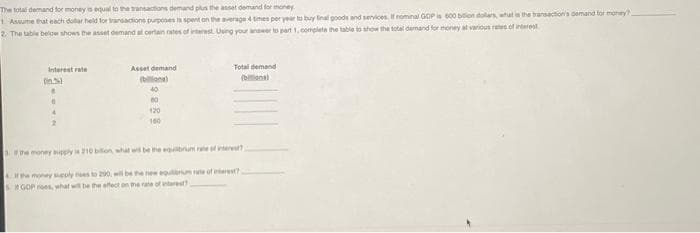 The total demand for money is equal to the transactions demand plus the asset demand for money
1. Assume that each dollar held for transactions purposes is spent on the average 4 times per year to buy final goods and services. If nominal GOP is 600 bilion dollars, what is the transaction's demand for money?
2. The table below shows the asset demand at certain rates of interest. Using your answer to part 1, complete the table to show the total demand for money at various rates of interest
Interest rate
(n.5)
B
0
Asset demand
(bona)
40
60
120
160
Total demand
(billiona)
3 the money supply is 210 billion, what will be the equilibrium rate of interest?
If the money supply rises to 290, will be the new equilibrum rate of interest?
GOP roes, what will be the effect on the rate of interest?