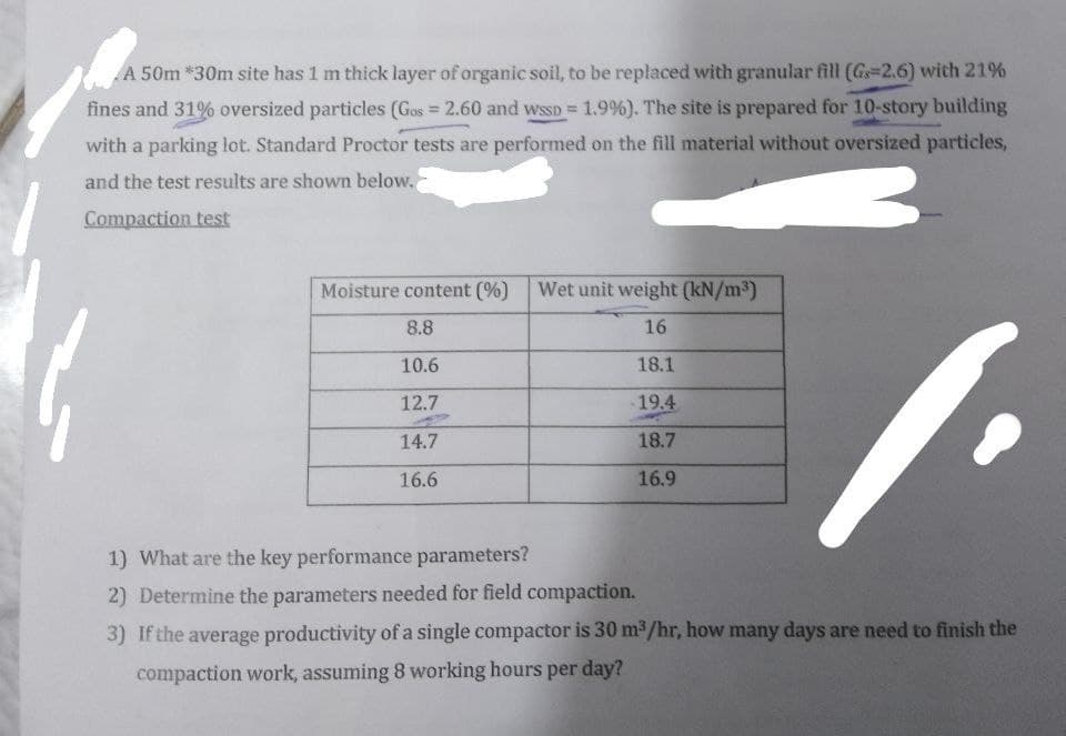 A 50m*30m site has 1 m thick layer of organic soil, to be replaced with granular fill (Gs-2.6) with 21%
fines and 31% oversized particles (Gos= 2.60 and wsSD = 1.9%). The site is prepared for 10-story building
with a parking lot. Standard Proctor tests are performed on the fill material without oversized particles,
and the test results are shown below.
Compaction test
Moisture content (%)
8.8
10.6
12.7
14.7
16.6
Wet unit weight (kN/m³)
16
18.1
-19.4
18.7
16.9
1) What are the key performance parameters?
2) Determine the parameters needed for field compaction.
3) If the average productivity of a single compactor is 30 m³/hr, how many days are need to finish the
compaction work, assuming 8 working hours per day?