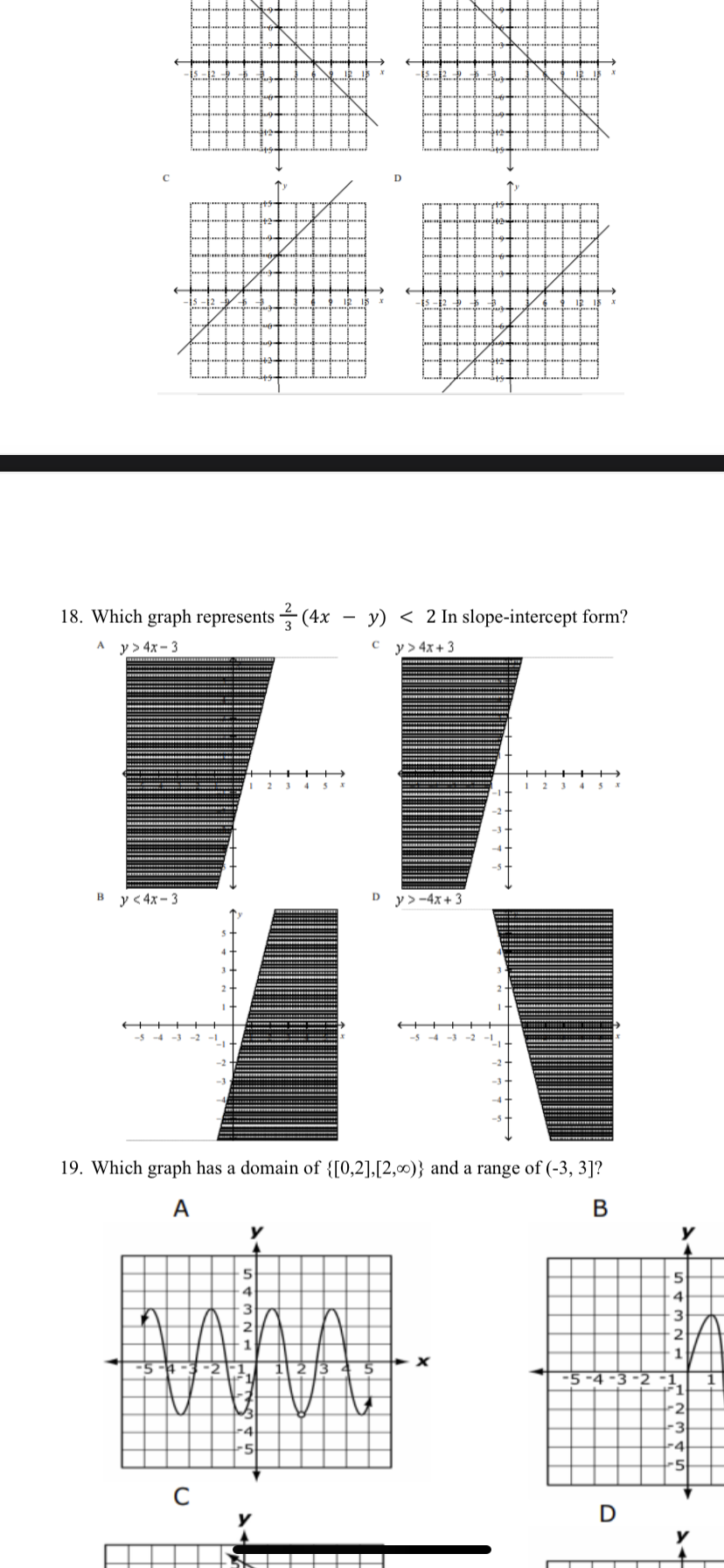 18. Which graph represents (4x
Ay> 4x-3
By <4x-3
C
5
4
3
1
4 5
5
y) 2 In slope-intercept form?
cy> 4x+3
19. Which graph has a domain of {[0,2],[2,00)} and a range of (-3, 3]?
A
B
W
Dy>-4x+3
-5 -4
1 2
4
3-2
D
5
4
3
2
1
F1
IAWN
3
4
5
1