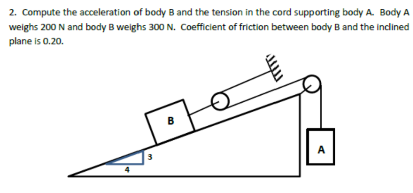 2. Compute the acceleration of body B and the tension in the cord supporting body A. Body A
weighs 200 N and body B weighs 300 N. Coefficient of friction between body B and the inclined
plane is 0.20.
B
3
A
4
