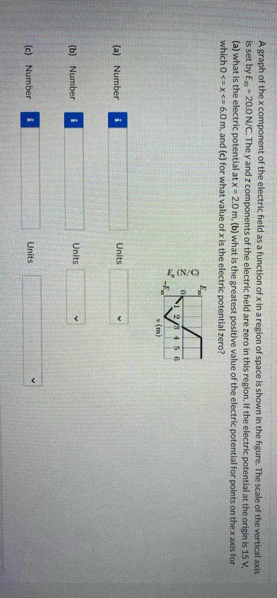 E (N/C)
A graph of the x component of the electric field as a function of x in a region of space is shown in the figure. The scale of the vertical axis
is set by Exs = 20.0 N/C. The y and z components of the electric field are zero in this region. If the electric potential at the origin is 15 V,
(a) what is the electric potential at x = 2.0 m, (b) what is the greatest positive value of the electric potential for points on the x axis for
which 0 <=x<= 6.0 m, and (c) for what value of x is the electric potential zero?
Est
Ni 2 /8 45 6
-E
x (m)
(a) Number
i
Units
Units
(b) Number
i
Units
(c) Number
