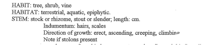 HABIT: tree, shrub, vine
HABITAT: terrestrial, aquatic, epiphytic.
STEM: stock or rhizome, stout or slender; length: cm.
Indumentum: hairs, scales
Direction of growth: crect, ascending, creeping, climbing
Note if stolons present
