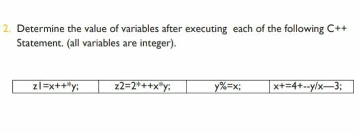 2. Determine the value of variables after executing each of the following C++
Statement. (all variables are integer).
zl=x++*y;
z2=2*++x*y;
y%=x;
x+=4+--y/x-3;
