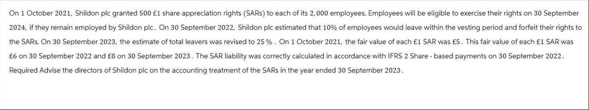 On 1 October 2021, Shildon plc granted 500 £1 share appreciation rights (SARs) to each of its 2,000 employees. Employees will be eligible to exercise their rights on 30 September
2024, if they remain employed by Shildon plc. On 30 September 2022, Shildon plc estimated that 10% of employees would leave within the vesting period and forfeit their rights to
the SARS. On 30 September 2023, the estimate of total leavers was revised to 25%. On 1 October 2021, the fair value of each £1 SAR was £5. This fair value of each £1 SAR was
£6 on 30 September 2022 and £8 on 30 September 2023. The SAR liability was correctly calculated in accordance with IFRS 2 Share - based payments on 30 September 2022.
Required Advise the directors of Shildon plc on the accounting treatment of the SARS in the year ended 30 September 2023.