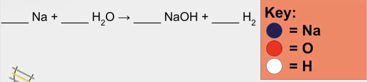 Key:
= Na
= 0
= H
H,0 -
NaOH +
Na +
H2
%3D
