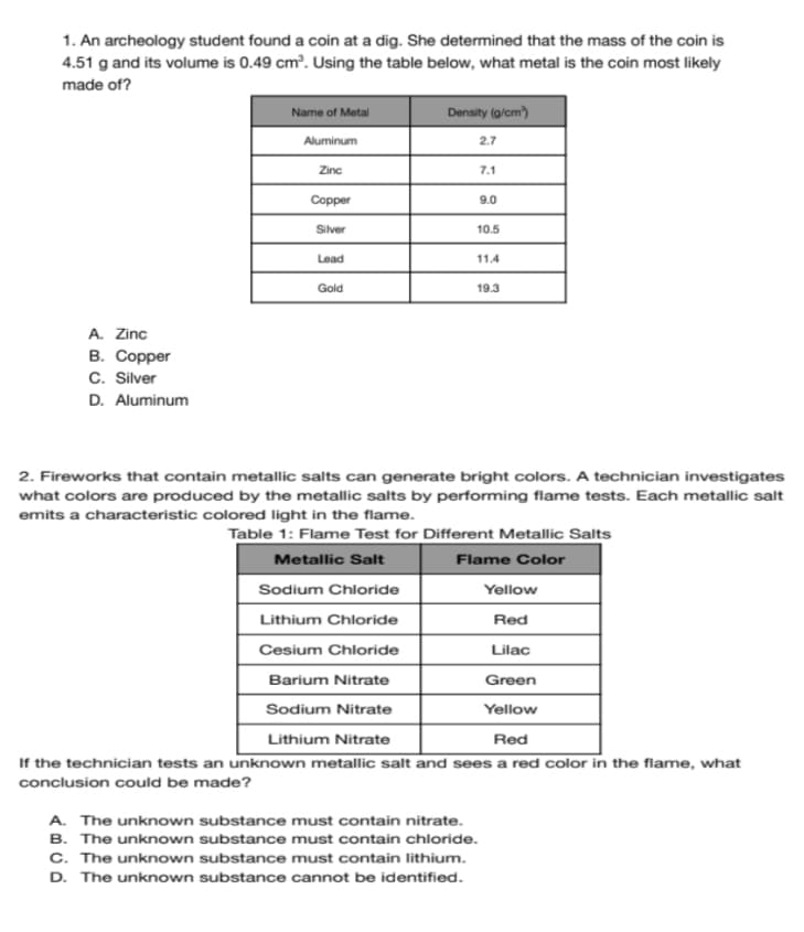 1. An archeology student found a coin at a dig. She determined that the mass of the coin is
4.51 g and its volume is 0.49 cm³. Using the table below, what metal is the coin most likely
made of?
Name of Metal
Density (g/cm)
Aluminum
2.7
Zinc
7.1
Copper
9.0
Silver
10.5
Lead
11.4
Gold
19.3
A. Zinc
B. Copper
C. Silver
D. Aluminum
2. Fireworks that contain metallic salts can generate bright colors. A technician investigates
what colors are produced by the metallic salts by performing flame tests. Each metallic salt
emits a characteristic colored light in the flame.
Table 1: Flame Test for Different Metallic Salts
Metallic Salt
Flame Color
Sodium Chloride
Yellow
Lithium Chloride
Red
Cesium Chloride
Lilac
Barium Nitrate
Green
Sodium Nitrate
Yellow
Lithium Nitrate
Red
If the technician tests an unknown metallic salt and sees a red color in the flame, what
conclusion could be made?
A. The unknown substance must contain nitrate.
B. The unknown substance must contain chloride.
C. The unknown substance must contain lithium.
D. The unknown substance cannot be identified.
