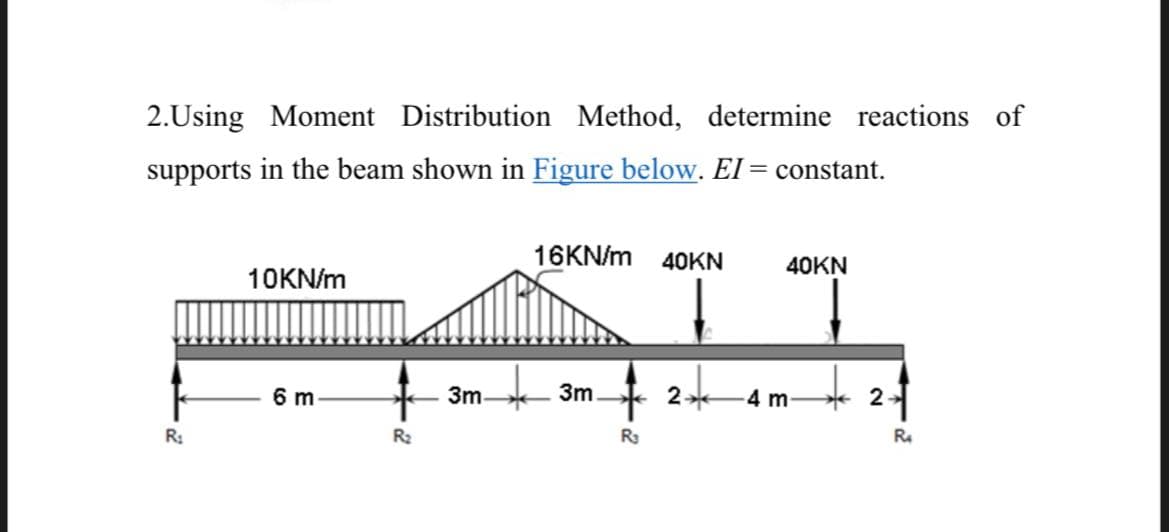 2.Using Moment Distribution Method, determine reactions of
supports in the beam shown in Figure below. El = constant.
16KN/m 40KN
40KN
10KN/m
6 m
3m
3m
2
4m-
* 2
R:
R2
