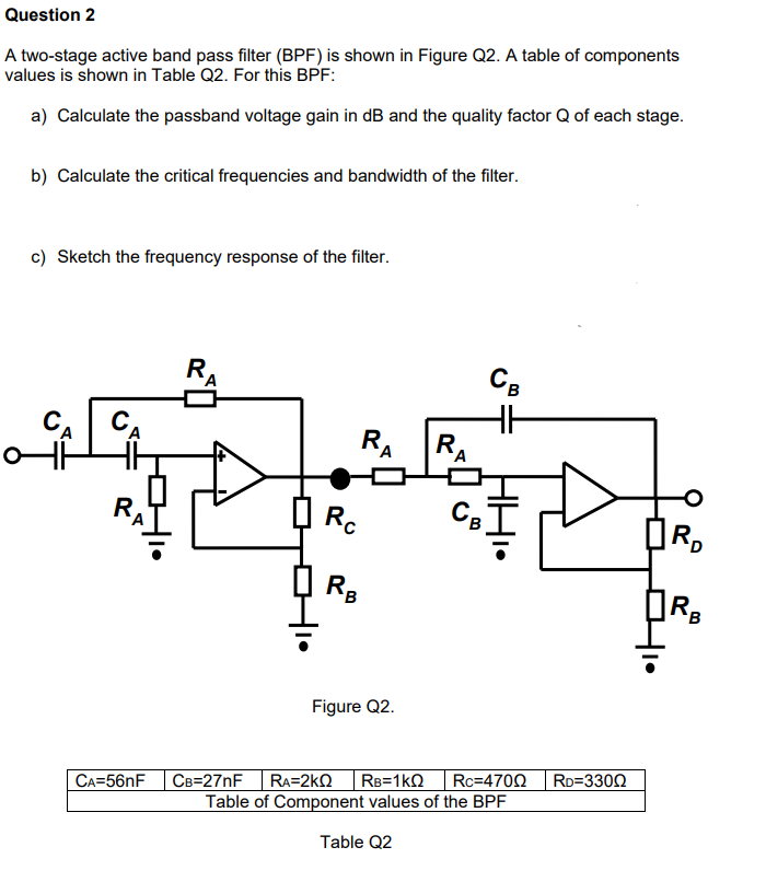 Question 2
A two-stage active band pass filter (BPF) is shown in Figure Q2. A table of components
values is shown in Table Q2. For this BPF:
a) Calculate the passband voltage gain in dB and the quality factor Q of each stage.
b) Calculate the critical frequencies and bandwidth of the filter.
c) Sketch the frequency response of the filter.
CA CA
RA
RA
Rc
R,
R3
Figure Q2.
CB=27NF RA=2kO RB=1kQ|Rc=4700
Table of Component values of the BPF
CA=56nF
RD=3300
Table Q2
