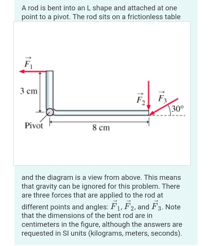 A rod is bent into an L shape and attached at one
point to a pivot. The rod sits on a frictionless table
F₁
3 cm
Pivot
8 cm
BMX
30°
and the diagram is a view from above. This means
that gravity can be ignored for this problem. There
are three forces that are applied to the rod at
different points and angles: F₁, F2, and F3. Note
that the dimensions of the bent rod are in
centimeters in the figure, although the answers are
requested in SI units (kilograms, meters, seconds).