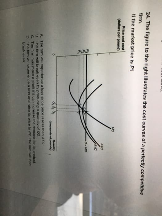 24. The figure to the right illustrates the cost curves of a perfectly competitive
firm.
If the market price is P1
Price and cost
(dollars per pound)
ATC
AVC
0
D-MR
0₁ 02 03
A. The firm will experience a loss since price is less than ATC.
B. The firm will break even by producing a quantity of Q2.
C. The firm may make a profit if it can increase the demand for its product.
D. The firm will experience a loss and raise its price to P2. The firm will then
break even.
Quantity
(thousands of pounds) 1