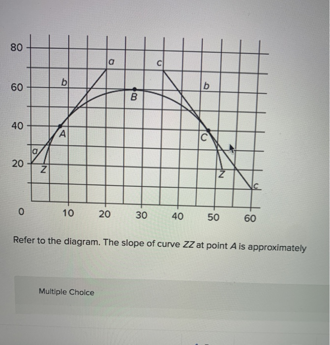 80
60
40
20
0
a
N
b
A
10
a
Multiple Choice
20
B
30
C
40
b
C
NE
50
60
Refer to the diagram. The slope of curve ZZ at point A is approximately