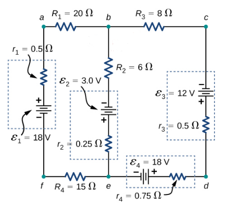 R, = 20 N
R3 = 8 N
%3D
a
n = 0.5 N
R, = 6 N
%3D
Ez = 3.0 V
Ezi= 12 V
13= 0.5 N
E{= 18|v
12= 0.25 NE
E4 = 18 V
f R = 15 N
e
d
4 = 0.75 )
