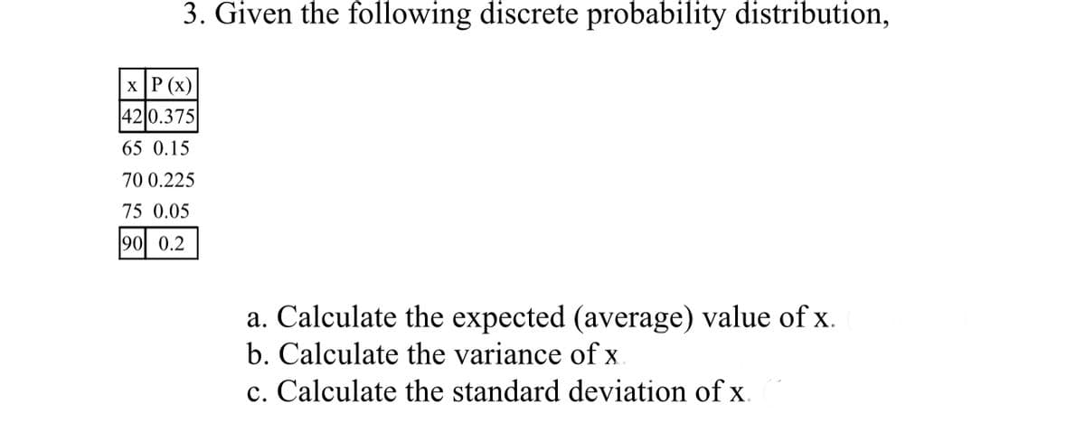 3. Given the following discrete probability distribution,
x P (x)
|42 0.375
65 0.15
70 0.225
75 0.05
90 0.2
a. Calculate the expected (average) value of x.
b. Calculate the variance of x
c. Calculate the standard deviation of x.
