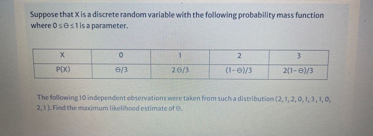 Suppose that X isa discrete random variable with the following probability mass function
where 0se<1 is a parameter.
0.
2.
3.
P(X)
0/3
20/3
(1- O)/3
2(1-0)/3
The following 10 independent observations were taken from such a distribution (2,1, 2, 0, 1,3,1,0,
2,1). Find the maxjmum likelihood estimate of O.
