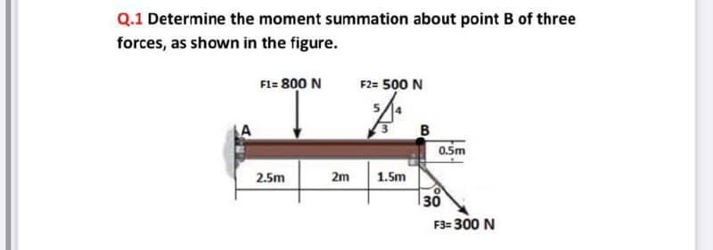 Q.1 Determine the moment summation about point B of three
forces, as shown in the figure.
Fl= 800 N
F2= 500 N
LA
B
0.5m
2.5m
2m
1.5m
30
F3= 300 N
