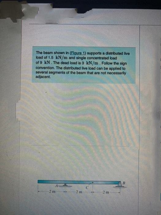 The beam shown in (Figure 1) supports a distributed live
load of 1.5 kN/m and single concentrated load
of 9 kN. The dead load is 3 kN/m. Follow the sign
convention. The distributed Iive load can be applied to
several segments of the beam that are not necessarily
adjacent.
B
2 m
2 m
