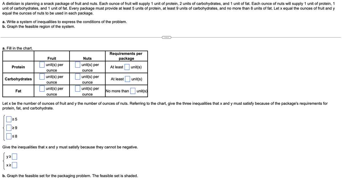 A dietician is planning a snack package of fruit and nuts. Each ounce of fruit will supply 1 unit of protein, 2 units of carbohydrates, and 1 unit of fat. Each ounce of nuts will supply 1 unit of protein, 1
unit of carbohydrates, and 1 unit of fat. Every package must provide at least 5 units of protein, at least 9 units of carbohydrates, and no more than 8 units of fat. Let x equal the ounces of fruit and y
equal the ounces of nuts to be used in each package.
a. Write a system of inequalities to express the conditions of the problem.
b. Graph the feasible region of the system.
a. Fill in the chart.
Carbohydrates
Protein
yz
Fat
x²
≥5
≥9
Fruit
unit(s) per
ounce
≤8
unit(s) per
ounce
unit(s) per
ounce
Nuts
unit(s) per
ounce
unit(s) per
ounce
unit(s) per
ounce
Requirements per
package
At least
At least
Let x be the number of ounces of fruit and y the number of ounces of nuts. Referring to the chart, give the three inequalities that x and y must satisfy because of the package's requirements for
protein, fat, and carbohydrate.
No more than
unit(s)
unit(s)
unit(s)
Give the inequalities that x and y must satisfy because they cannot be negative.
b. Graph the feasible set for the packaging problem. The feasible set is shaded.