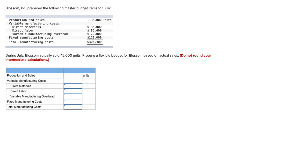 Blossom, Inc. prepared the following master budget items for July:
Production and sales
Variable manufacturing costs:
Direct materials
Direct labor
Variable manufacturing overhead
Fixed manufacturing costs
Total manufacturing costs
Production and Sales
Variable Manufacturing Costs:
Direct Materials
Direct Labor
Variable Manufacturing Overhead
During July, Blossom actually sold 42,000 units. Prepare a flexible budget for Blossom based on actual sales. (Do not round your
intermediate calculations.)
Fixed Manufacturing Costs
Total Manufacturing Costs
36,000 units
$36,000
$ 86,400
$ 72,000
$110,000
$304,400
units