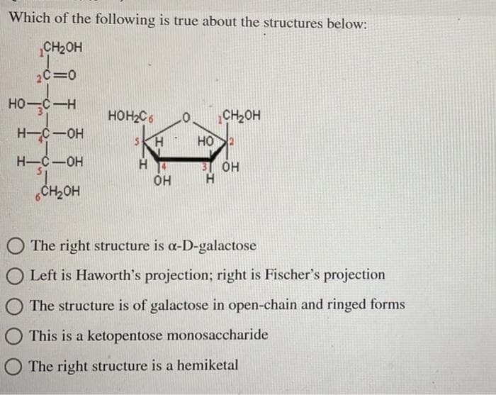 Which of the following is true about the structures below:
CH₂OH
2C=0
HO-C-H
H-C-OH
H-C-OH
CH₂OH
HOH₂C6
H
OH
CH₂OH
HO
31 OH
H
The right structure is a-D-galactose
O Left is Haworth's projection; right is Fischer's projection
The structure is of galactose in open-chain and ringed forms
This is a ketopentose monosaccharide
The right structure is a hemiketal