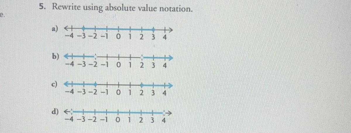 5. Rewrite using absolute value notation.
a) +
-4-3-2-1
2 3
4
b)
-4-3-2-1
3
-4-3-2-1
01 2
