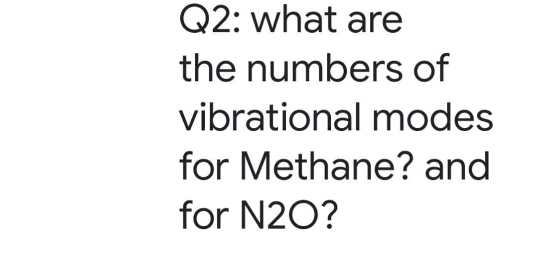 Q2: what are
the numbers of
vibrational modes
for Methane? and
for N20?
