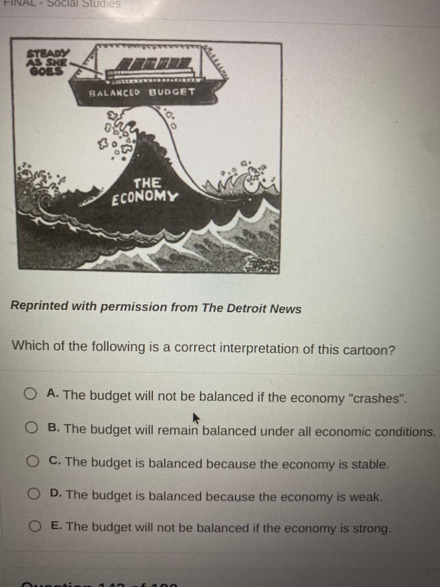 Social Studies
STEADY
AS SHE
GOES
BALANCED BUDGET
THE
ECONOMY
Reprinted with permission from The Detroit News
Quenti
MAAARSA
Which of the following is a correct interpretation of this cartoon?
OA. The budget will not be balanced if the economy "crashes".
OB. The budget will remain balanced under all economic conditions.
O C. The budget is balanced because the economy is stable.
OD. The budget is balanced because the economy is weak.
OE. The budget will not be balanced if the economy is strong.
£ 100