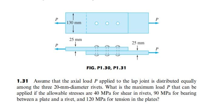 P
130 mm
25 mm
25 mm
P
FIG. P1.30, P1.31
1.31 Assume that the axial load P applied to the lap joint is distributed equally
among the three 20-mm-diameter rivets. What is the maximum load P that can be
applied if the allowable stresses are 40 MPa for shear in rivets, 90 MPa for bearing
between a plate and a rivet, and 120 MPa for tension in the plates?
